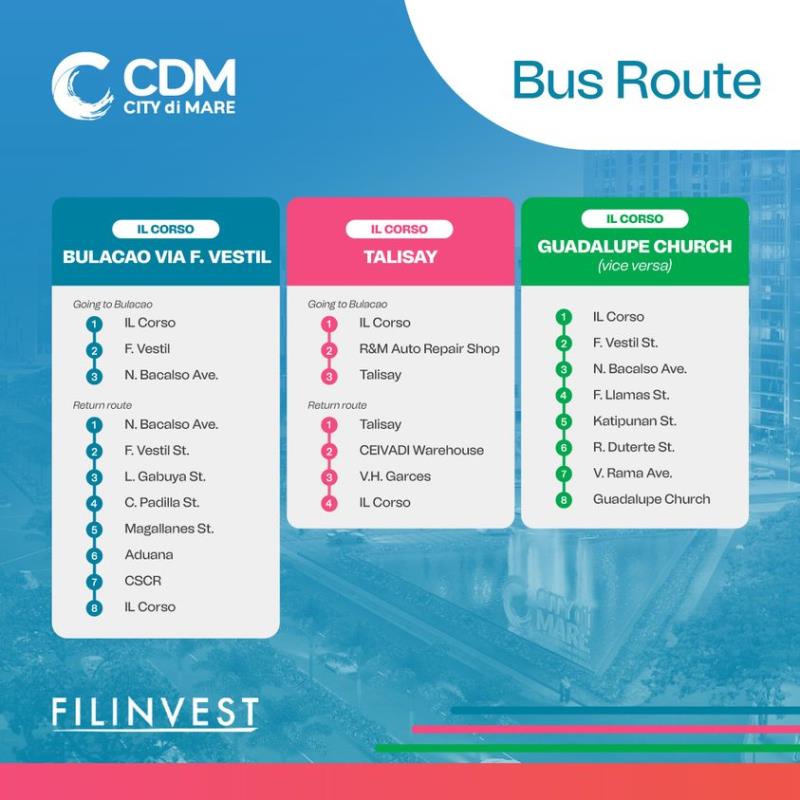 Safely navigate through various parts of the city with ease, ensuring hassle-free transport for all commuters with CDM bus at IL Corso Filinvest Malls South Parking & The North Parking Rotunda just near The Food Yard North.  BUS OPERATIONS: 7AM - 10PM DAILY