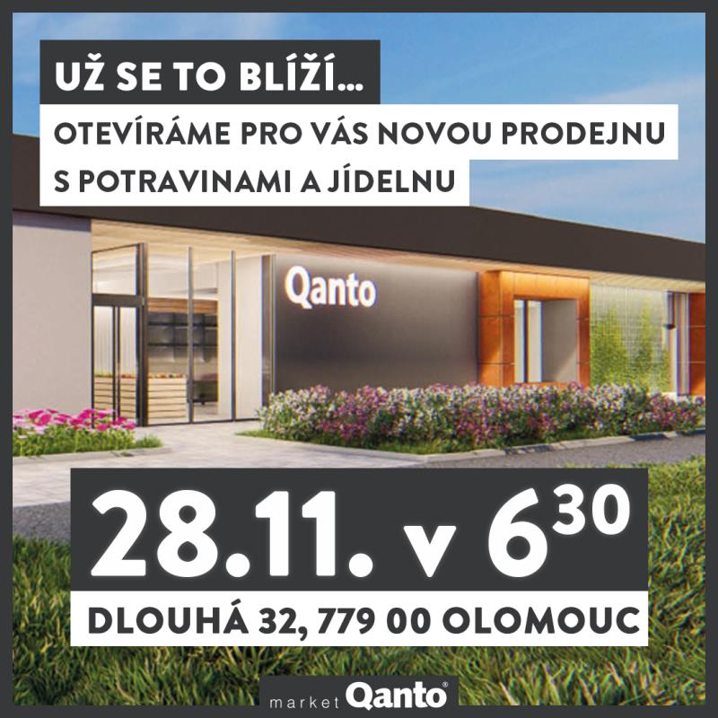 28. listopadu 2024 v 6:30 pro vás otevíráme novou prodejnu Qanto s potravinami a jídelnu na Lazcích v Olomouci, ulice Dlouhá 32.