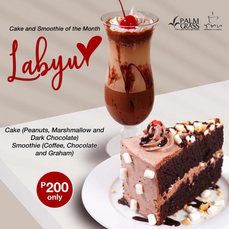 Serve up a slice of affection with our Labyu (Rocky Road) cake for ?????? ????. It's not just cake, it's cupid in dessert form! Complement it with our smoothie of the month for just PHP 200!