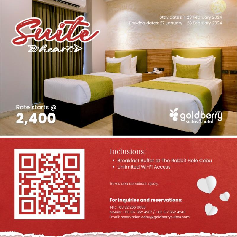 Spend your days of love with your Suite Heart at Goldberry Suites & Hotel Cebu!  Starting at PHP 2,400, make your expression of love language extra special with us. Make the moments matter with your loved ones.  Stay dates: 1-29 February 2024 Booking dates: 27 January - 28 February 2024