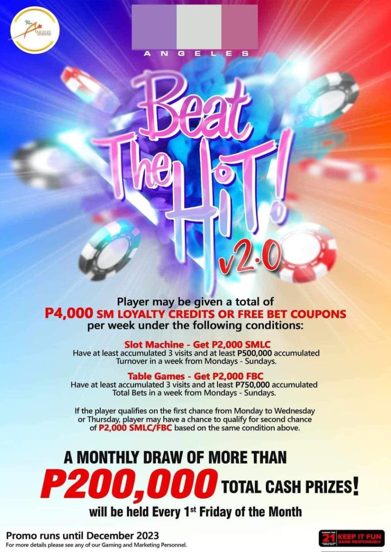 Beat the Hit monthly raffle draw happening tonight! P200k worth of cash will be given away!  Come and play here at Casino Filipino Angeles!