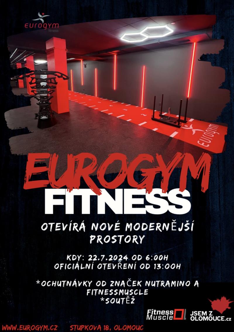 Slavnostní otevření nových prostor Eurogym Fitness! Eurogym Fitness má pro vás něco speciálního! Dne 22.7. slavnostně otevíráme naše zbrusu nové a modernější prostory, které vám nabídnou ještě lepší zážitek z cvičení. Přijďte si užít den plný zábavy, ochutnávek od značek Nutramino a Fitness Muscle, a zapojte se do našich vzrušujících soutěží! Přijďte a zažijte ten rozdíl v moderním fitness prostředí. Těšíme se na vás!