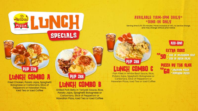 Avail of our Lunch Specials everyday from 11AM to 3PM! Choose from three pizza, pasta combos that come with a choice of iced tea or iced coffee!