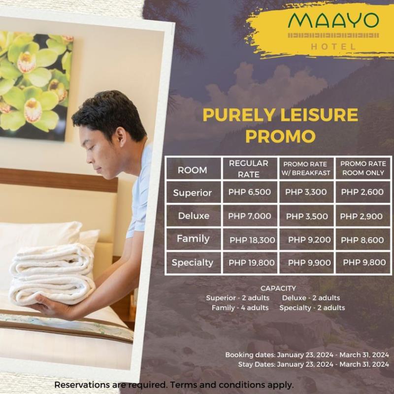 ExperienceMaayo and book your well-deserved r & r with our Purely Leisure Promo! Booking dates: January 23, 2024 - March 31, 2024  Stay Dates: January 23, 2024 - March 31, 2024