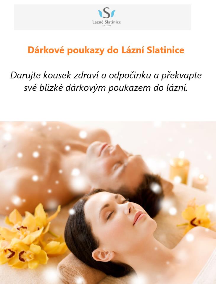  Dárkové poukazy na lázeňské pobyty a procedury Vybírat můžete ze široké nabídky léčebných, wellness a speciálních pobytů a z více než 100 lázeňských procedur zaměřených na odpočinek, regeneraci a zdravý životní styl. Na přání pro Vás připravíme poukaz podle Vašich představ s věnováním konkrétní osobě.