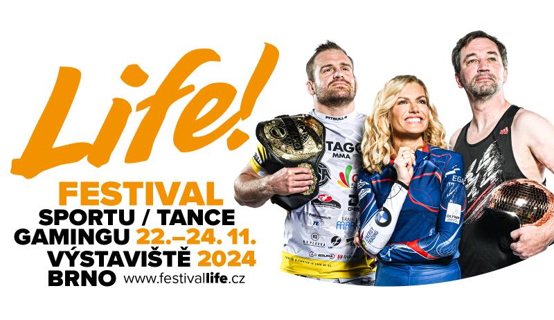 Letošní festival Life! bude pořádná jízda!  Od 22. do 24. listopadu se brněnské výstaviště promění v epicentrum sportu, tance a gamingu. Čekají vás dechberoucí vítězné boje v mistrovství ČR v různých kategoriích a k tomu všemu dorazí i známé tváře. Ale to není všechno. Máme pro vás připravenou hromadu dalších překvapení, tak mrkněte na program na festivallife.cz/program/. ?? Nepropásněte šanci být u toho! Pořiďte si vstupenky už teď na etickets.bvv.cz/cs. Tuto akci musíte zažít na vlastní kůži!