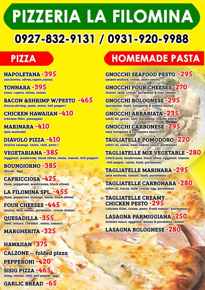 Our Pizza and Pasta daily menu